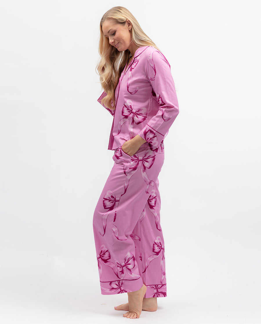 Womens Bow Print Wide Leg Pyjama Set