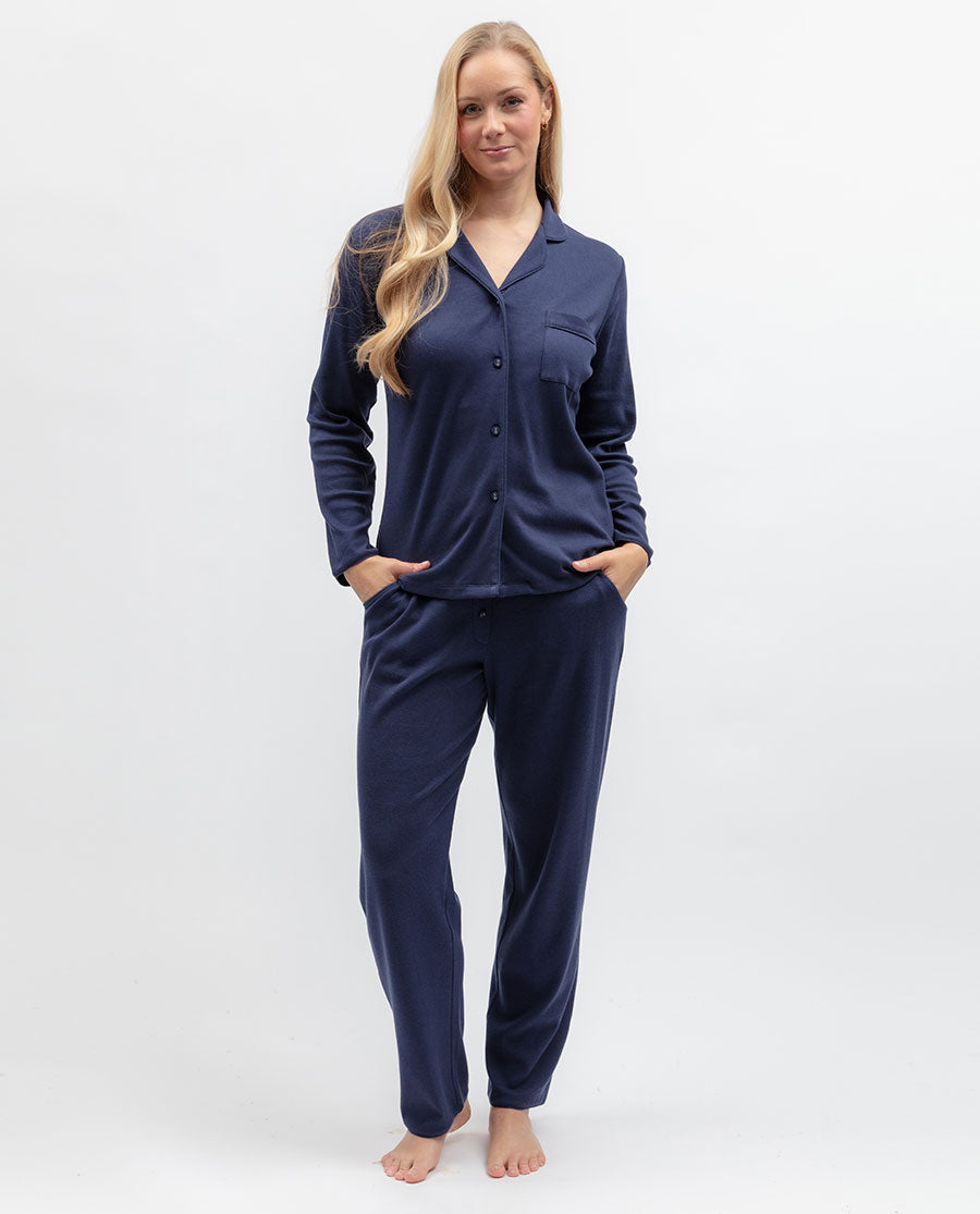 Blue Womens Revere Ribbed Jersey Pyjama Top
