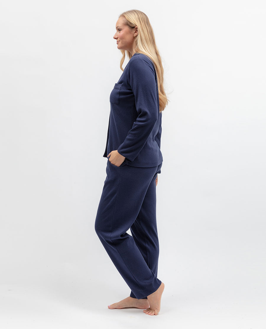 Blue Womens Revere Ribbed Jersey Pyjama Top