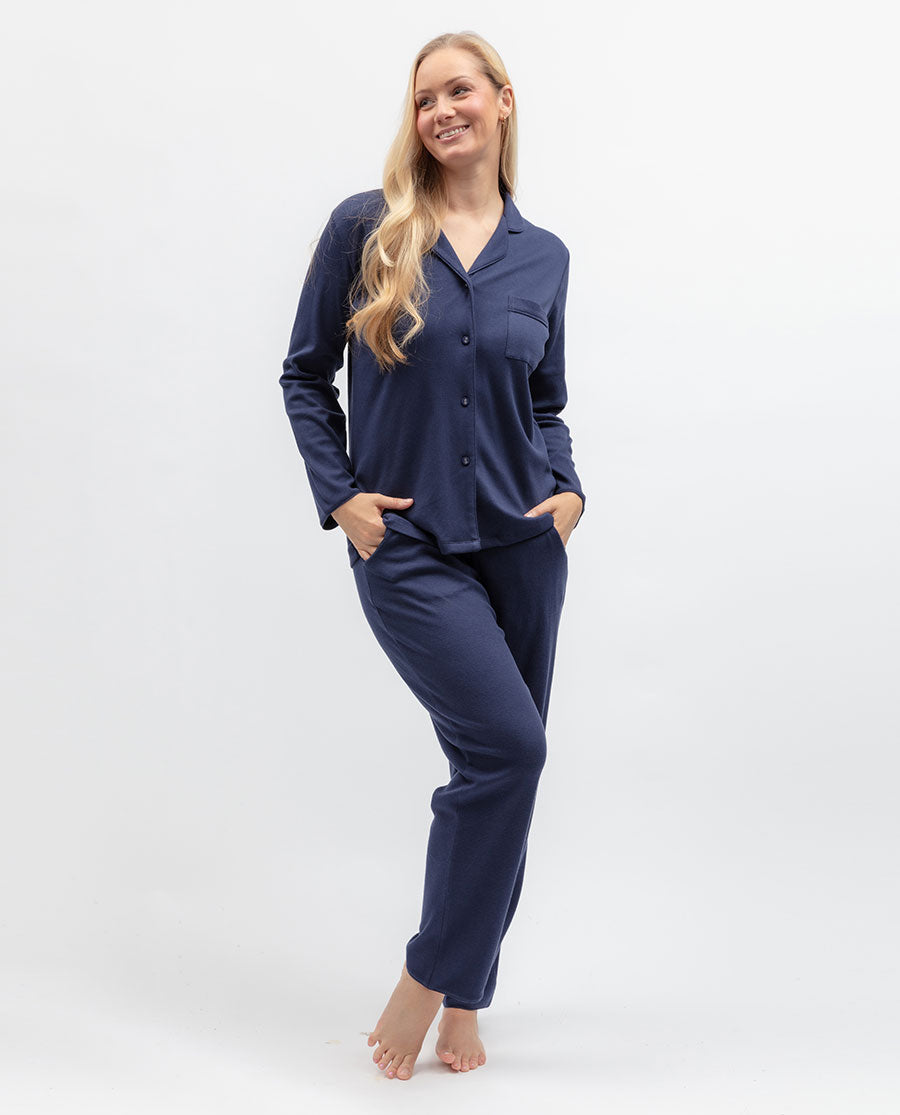 Blue Womens Ribbed Jersey Pyjama Bottoms
