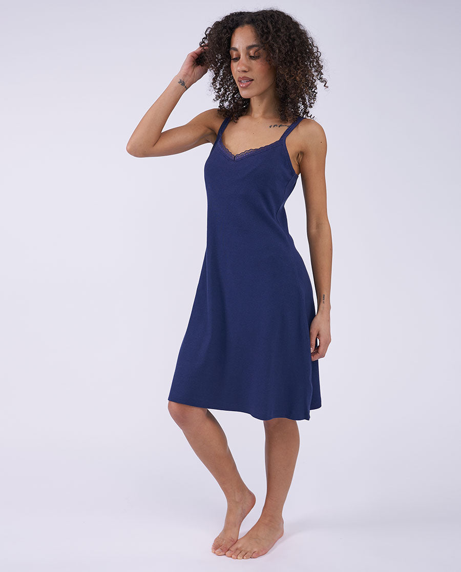 Blue Womens Lace Trim Ribbed Jersey Hidden Support Short Nightdress