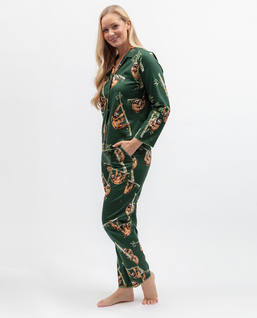 Womens Green Sloth Print Pyjama Set