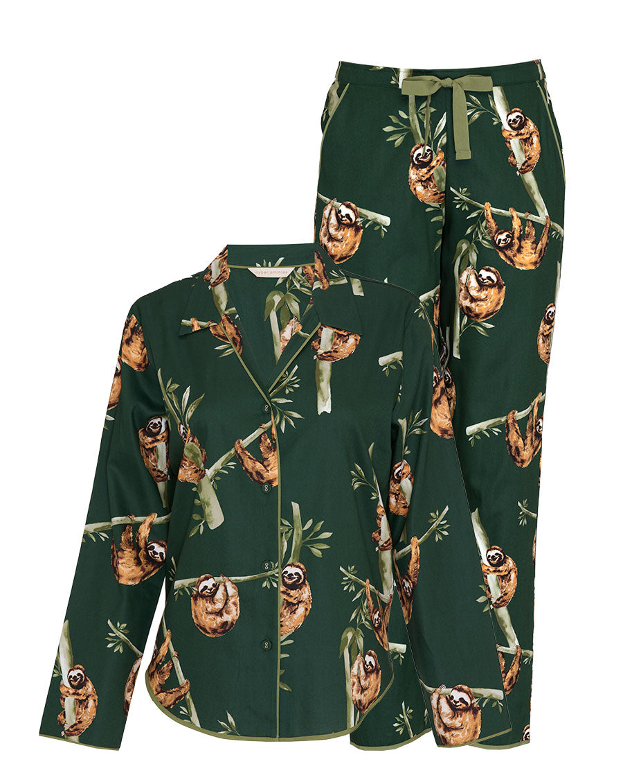 Womens Green Sloth Print Pyjama Set