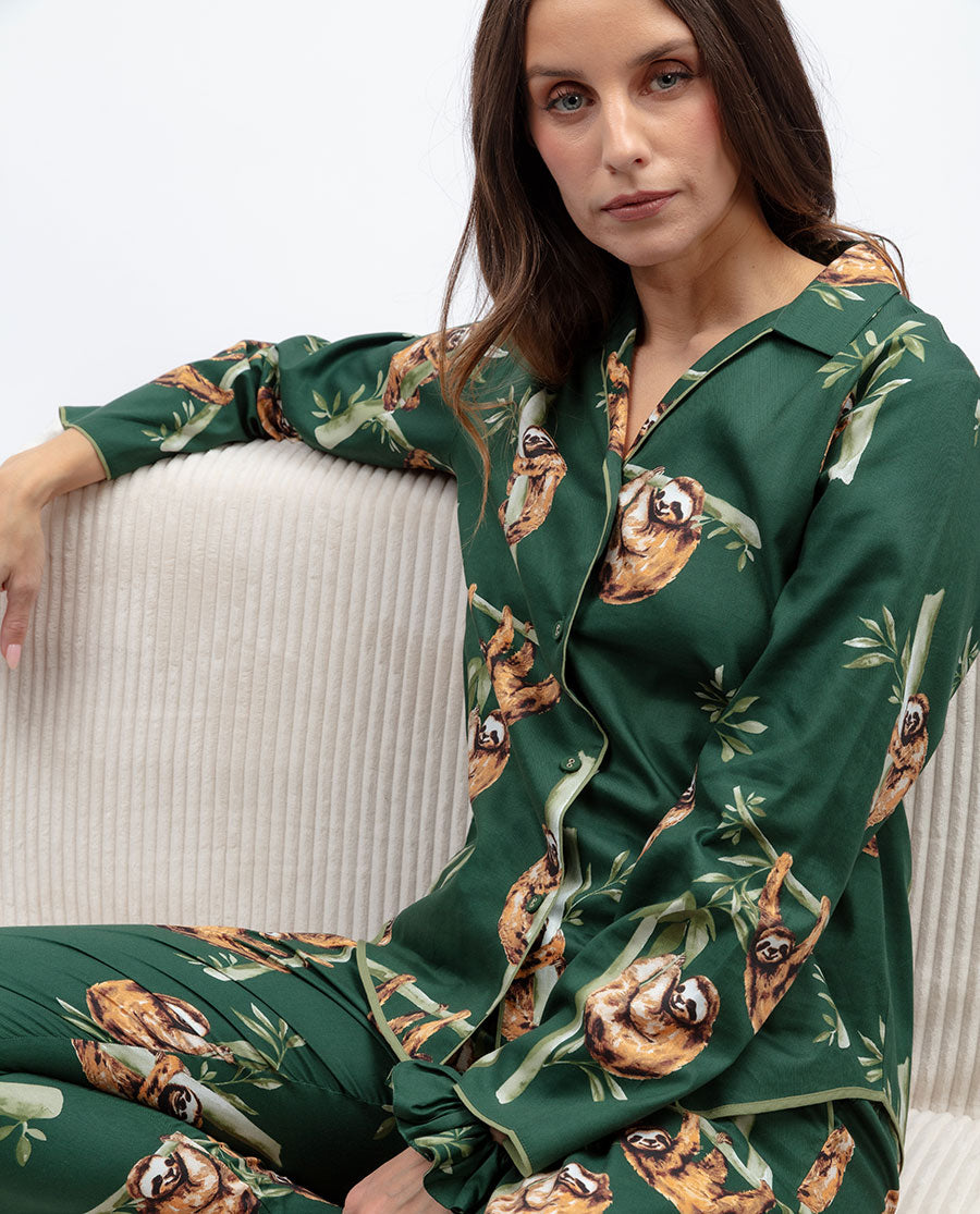 Womens Green Sloth Print Pyjama Top