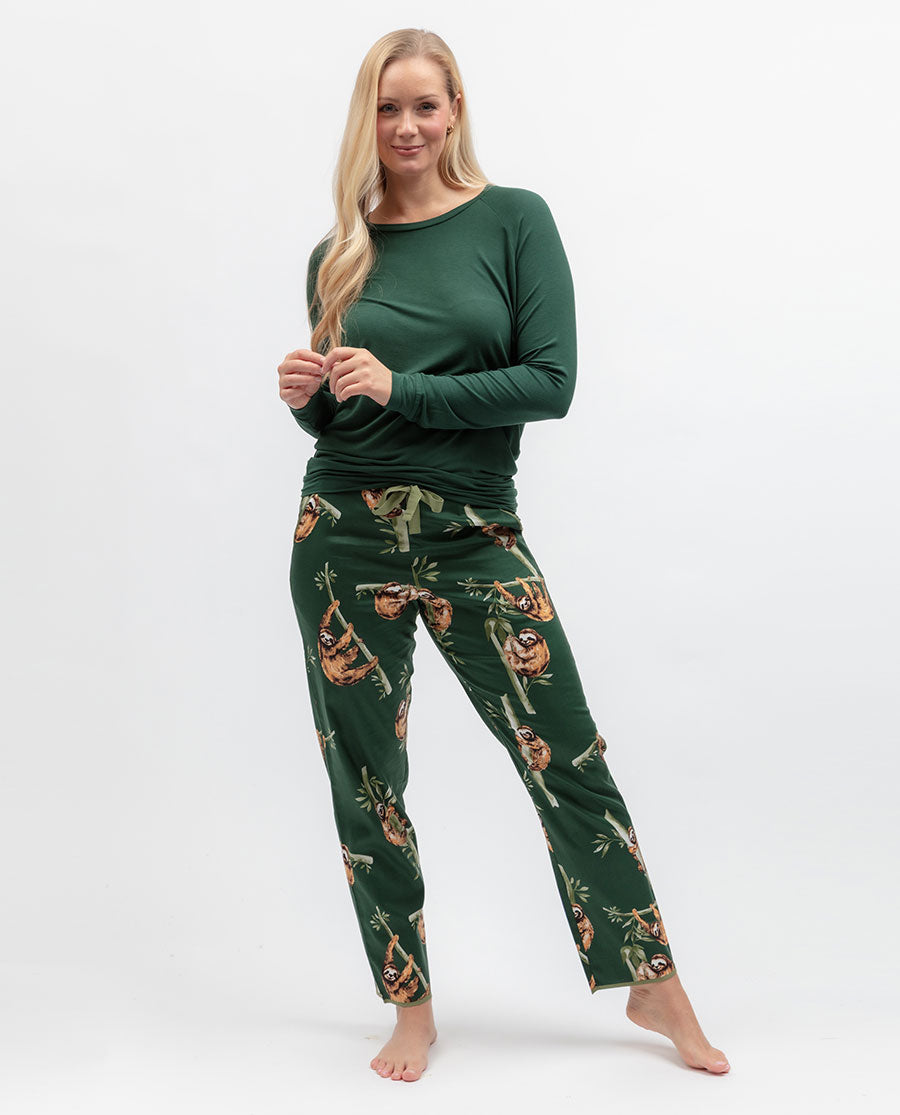 Womens Green Sloth Print Pyjama Bottoms