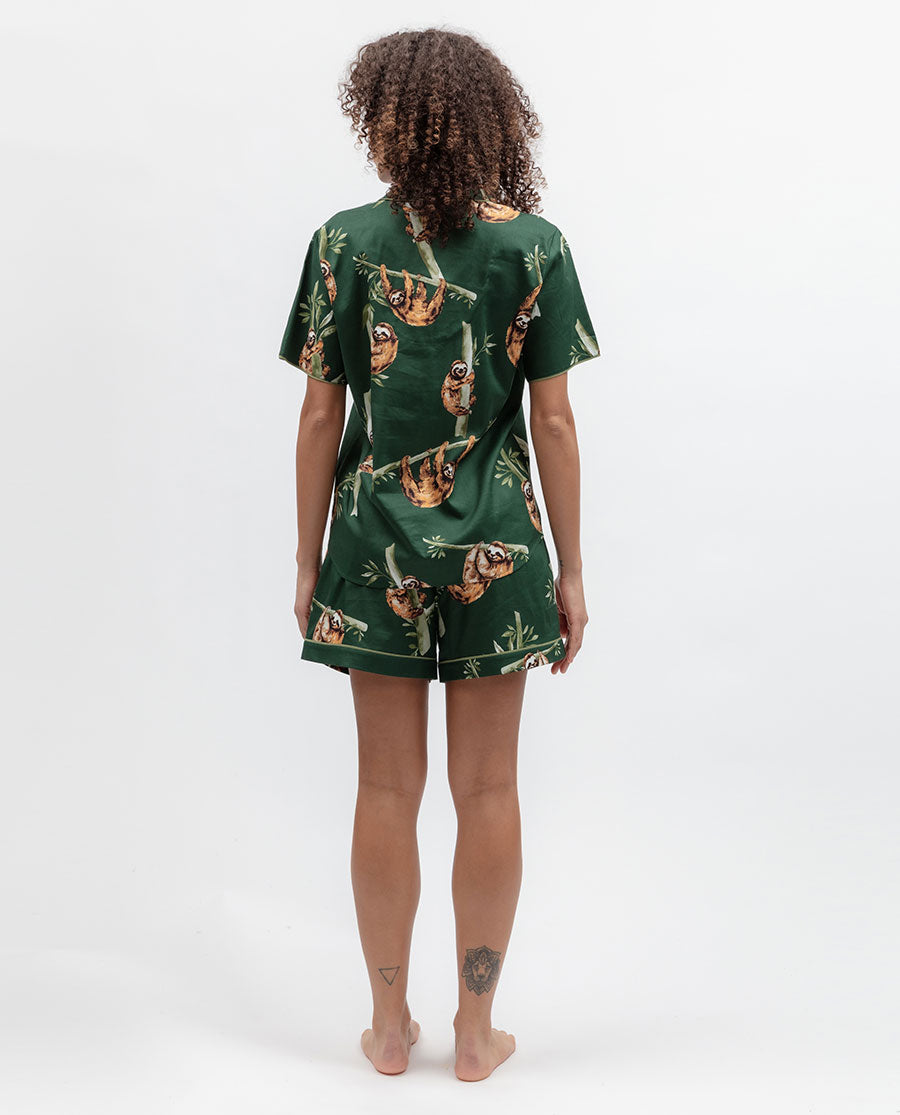 Womens Green Sloth Print Shorty Set