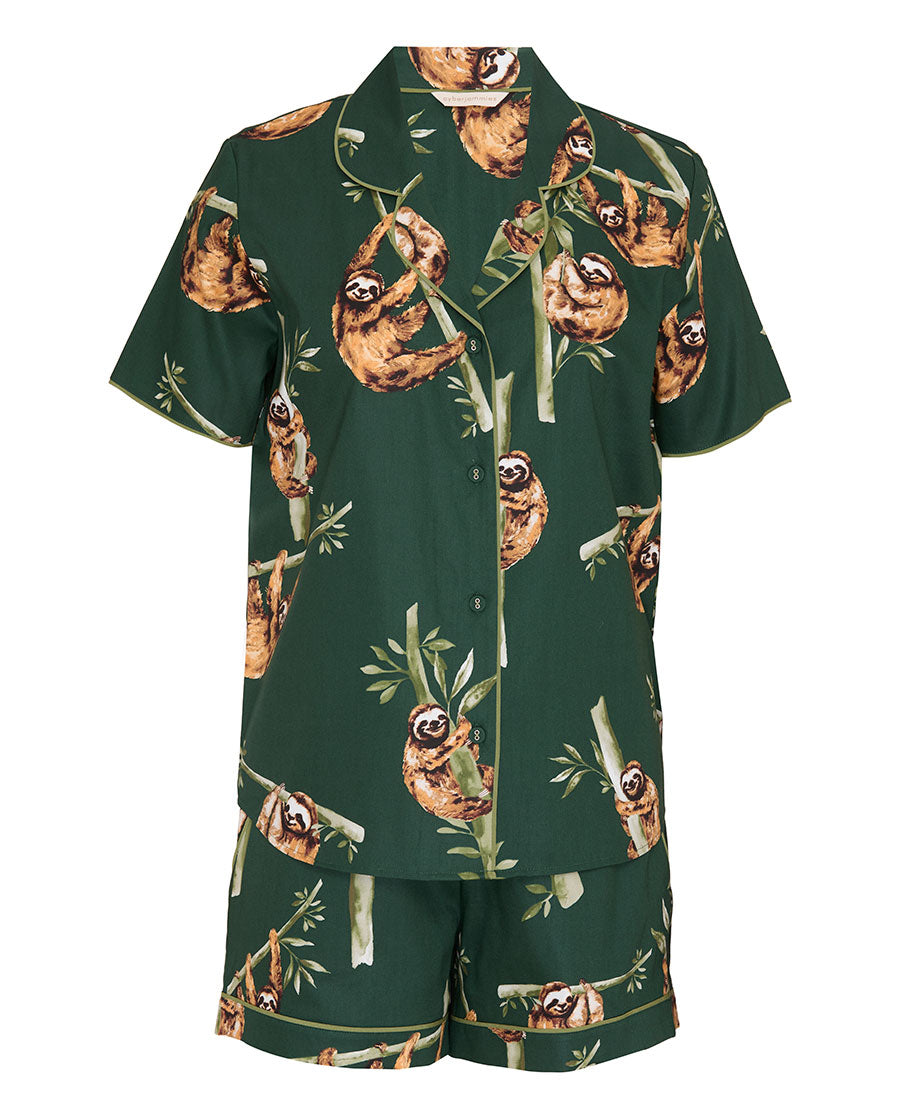 Womens Green Sloth Print Shorty Set