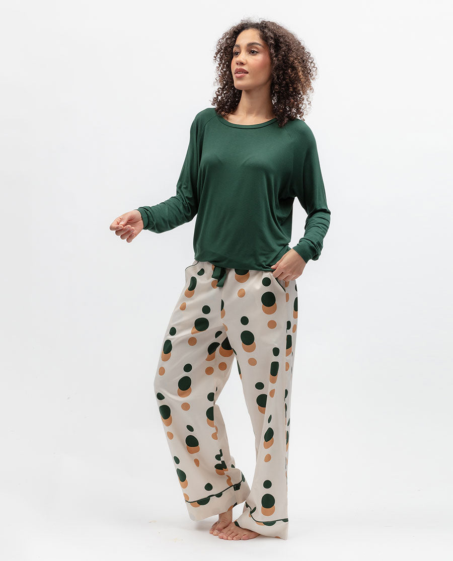 Womens Green Slouch Top and Spot Print Pyjama Set