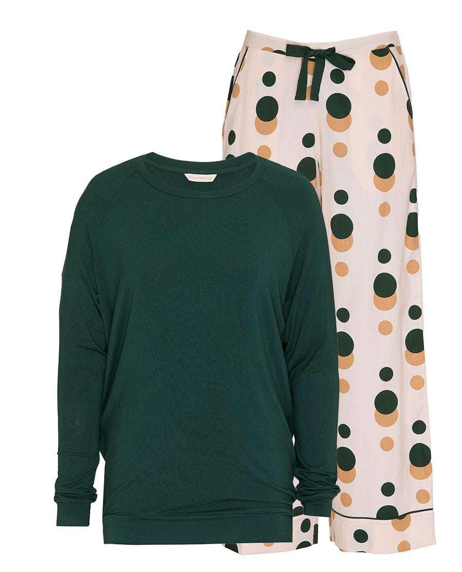 Womens Green Slouch Top and Spot Print Pyjama Set