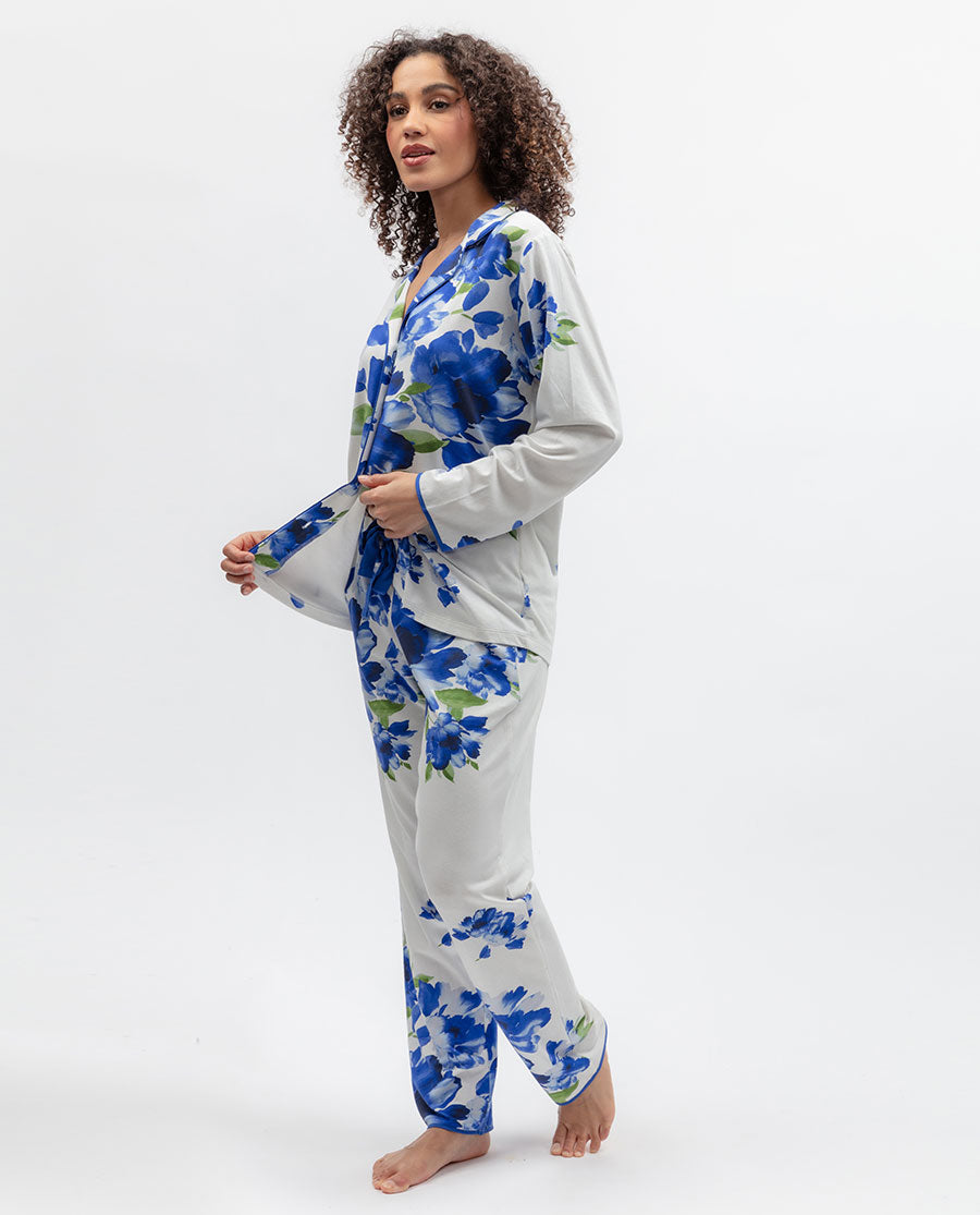 Womens Blue Floral Printed Jersey Pyjama Set