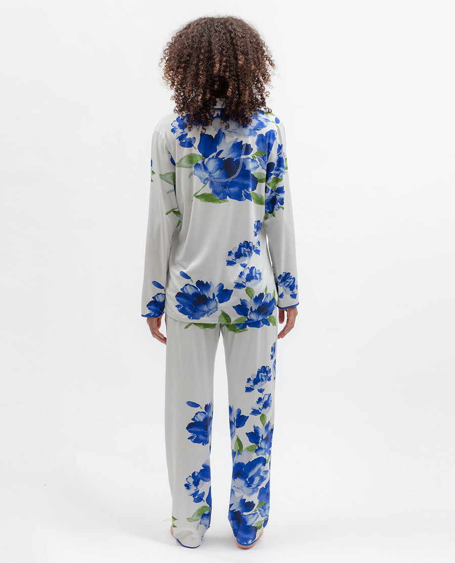 Womens Blue Floral Printed Jersey Pyjama Set