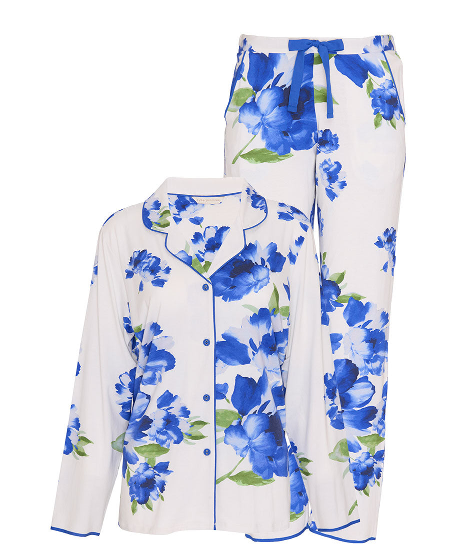 Womens Blue Floral Printed Jersey Pyjama Set