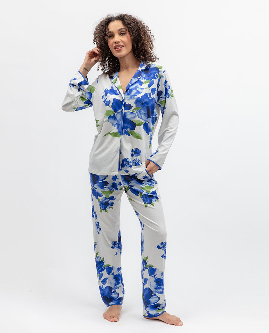Womens Blue Floral Printed Jersey Pyjama Top