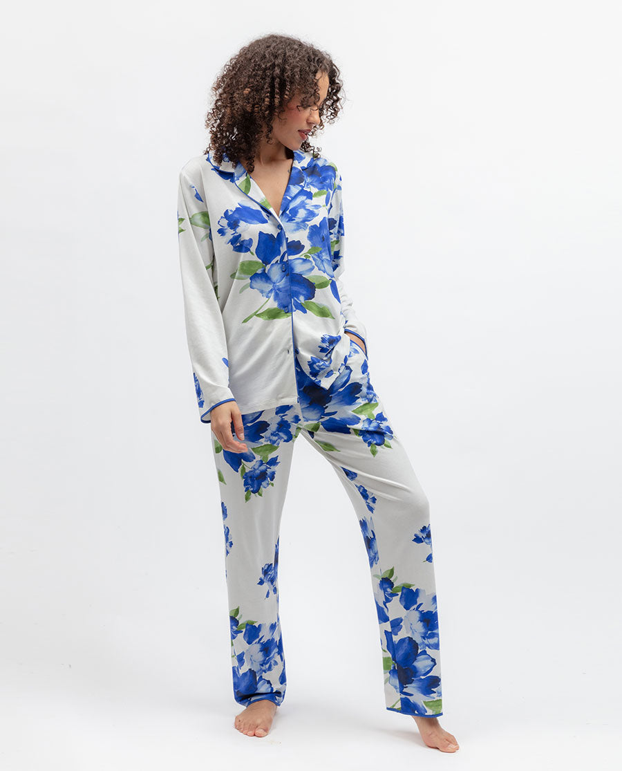 Womens Blue Floral Printed Jersey Pyjama Top