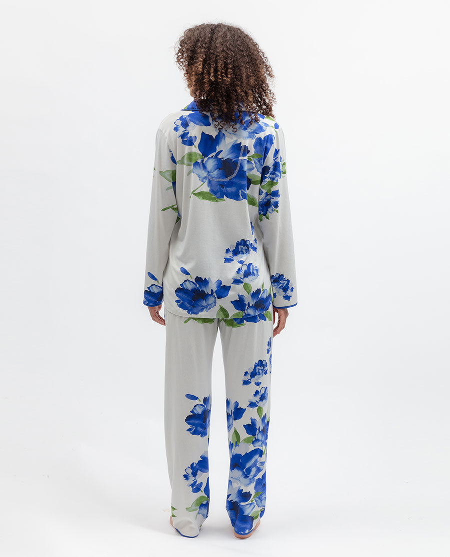 Womens Blue Floral Printed Jersey Pyjama Top
