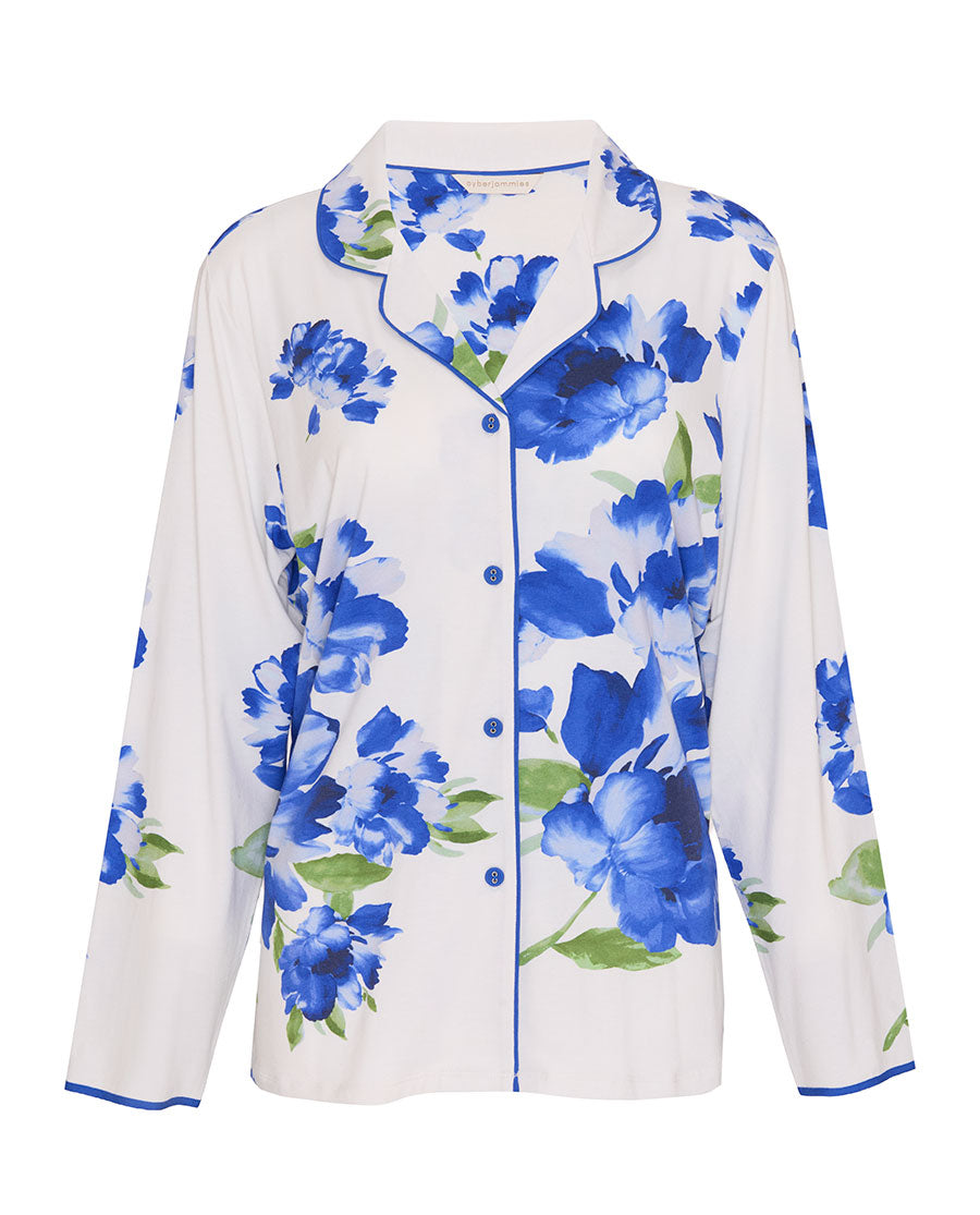 Womens Blue Floral Printed Jersey Pyjama Top