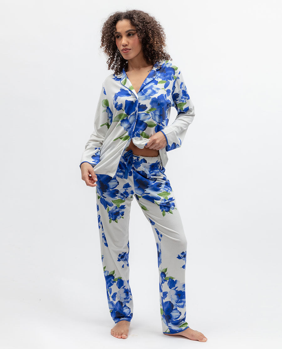 Womens Blue Floral Printed Jersey Pyjama Bottoms