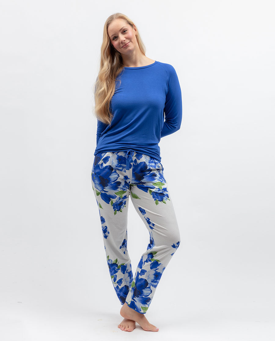 Womens Blue Floral Printed Jersey Pyjama Bottoms