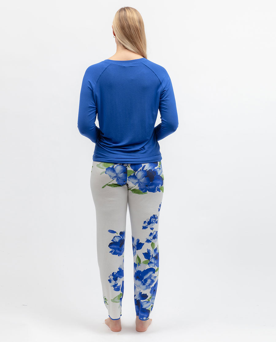 Womens Blue Floral Printed Jersey Pyjama Bottoms