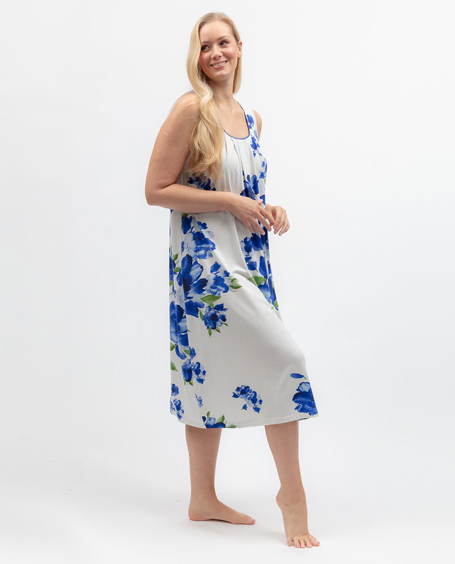 Womens Blue Floral Printed Jersey Long Nightdress