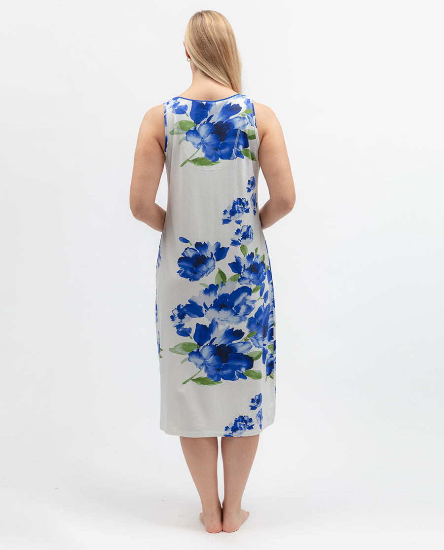 Womens Blue Floral Printed Jersey Long Nightdress