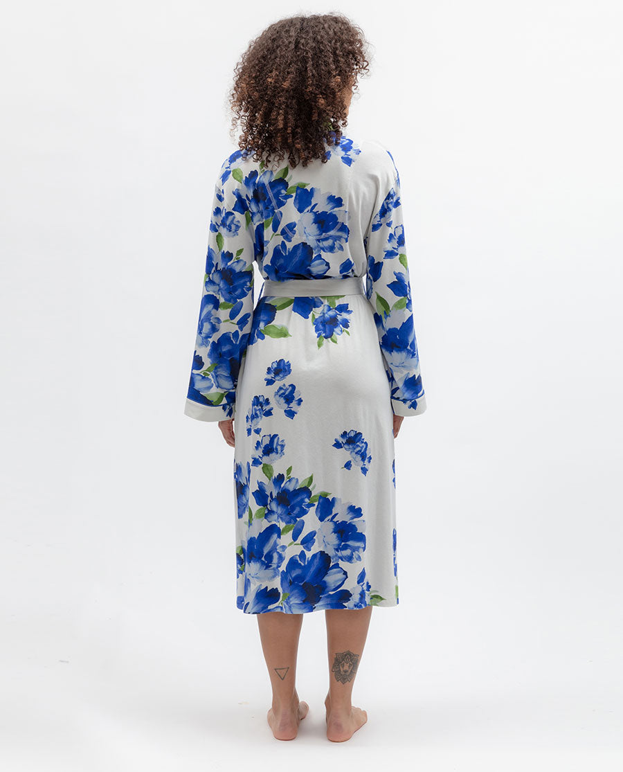 Womens Blue Floral Printed Jersey Long Dressing Gown