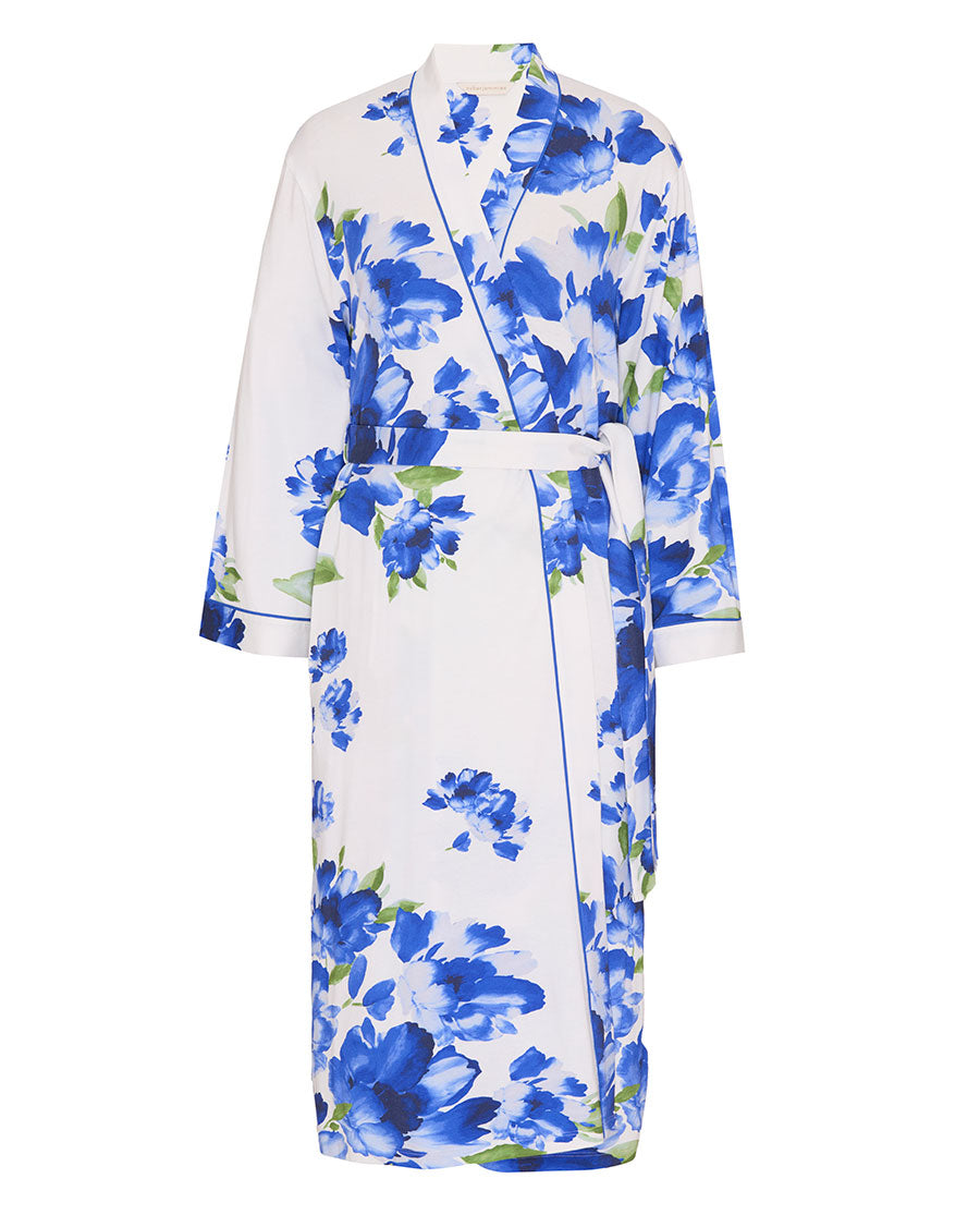 Womens Blue Floral Printed Jersey Long Dressing Gown