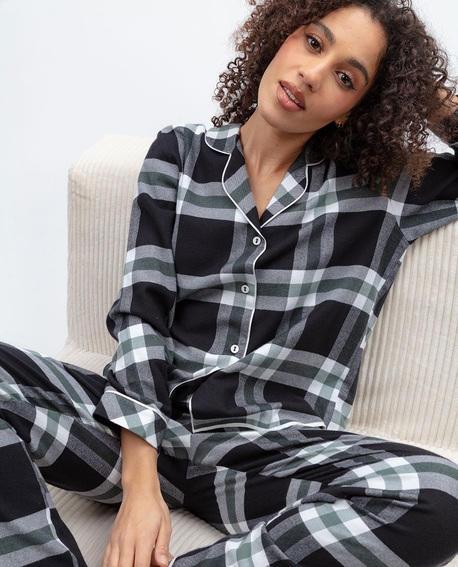 Womens Black Brushed Check Pyjama Top
