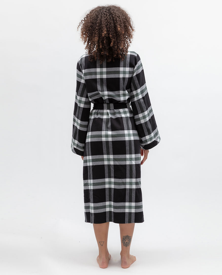 Womens Black Brushed Check Long Dressing Gown