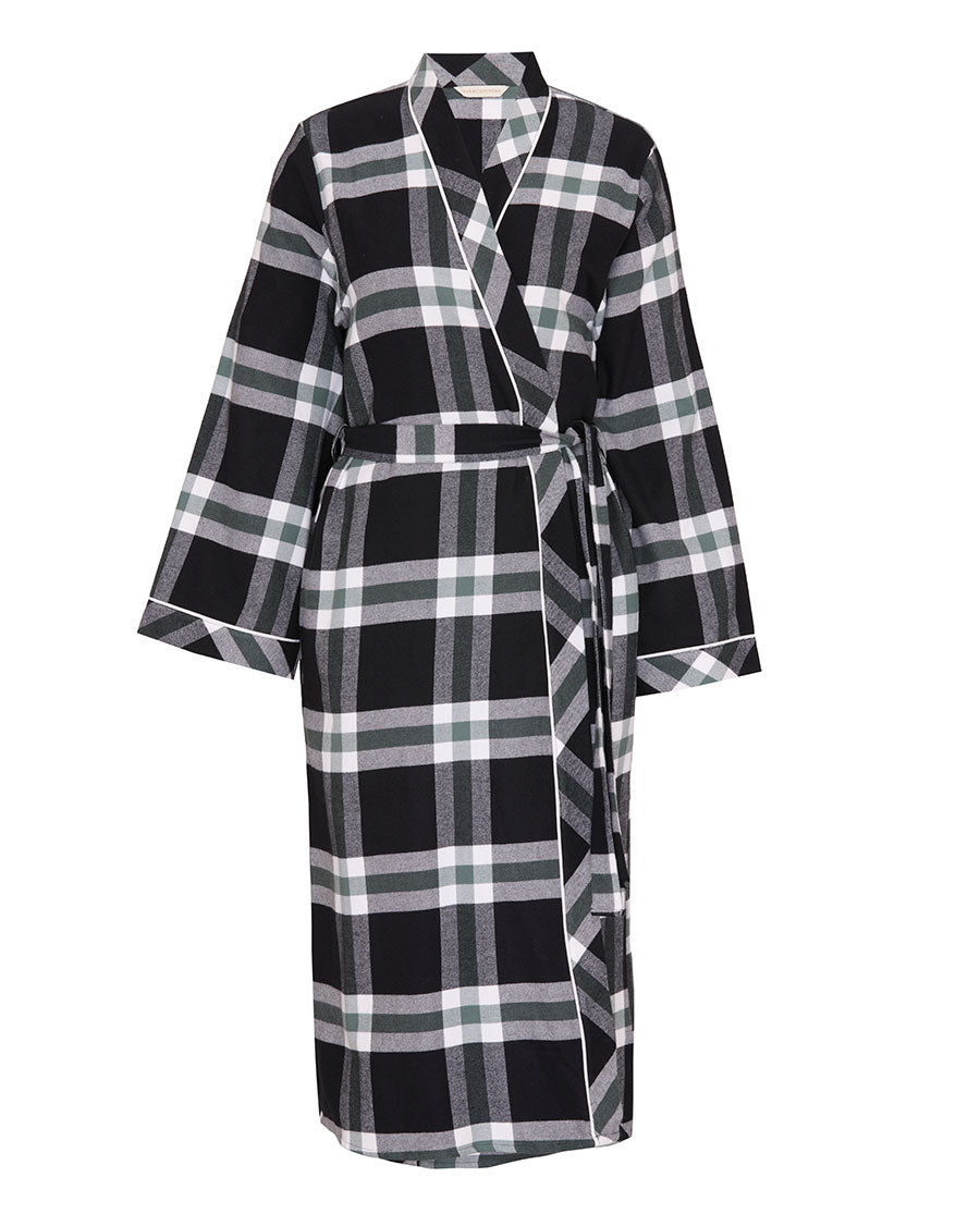 Womens Black Brushed Check Long Dressing Gown