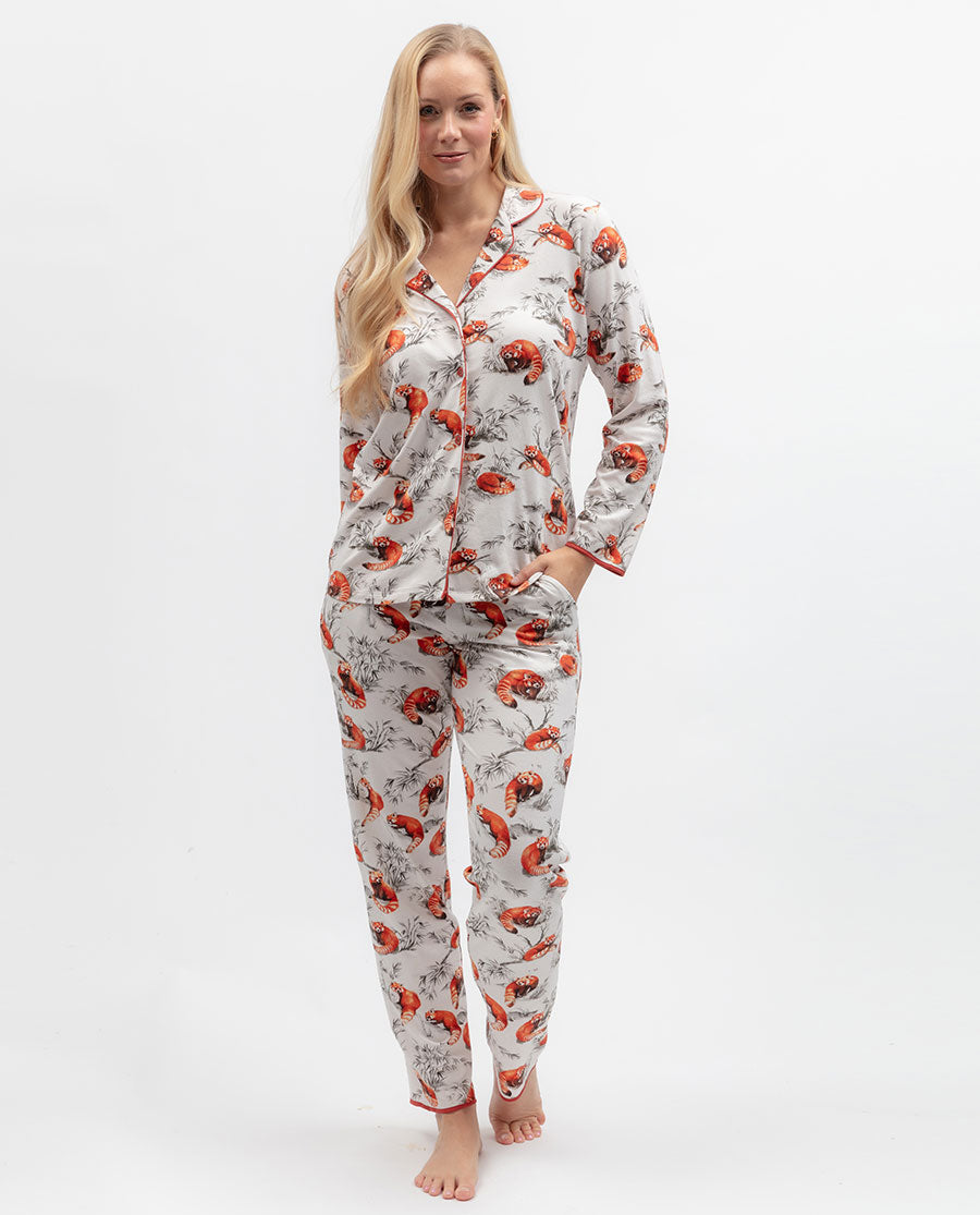 Pumpkin Spice Womens Red Panda Printed Jersey Pyjama Set