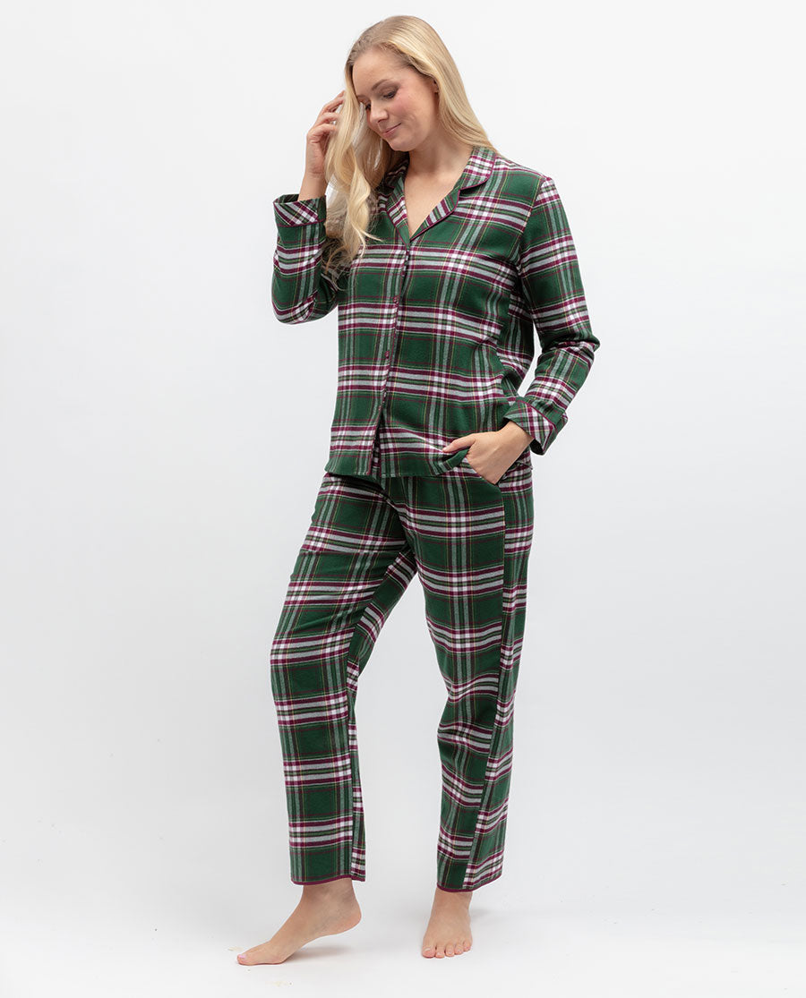 Womens Green Brushed Check Pyjama Set