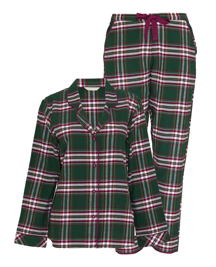 Womens Green Brushed Check Pyjama Set