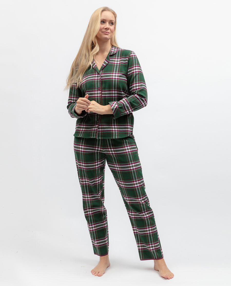 Womens Green Brushed Check Pyjama Top