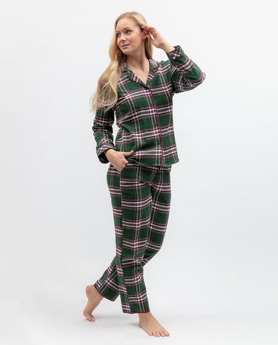 Womens Green Brushed Check Pyjama Top