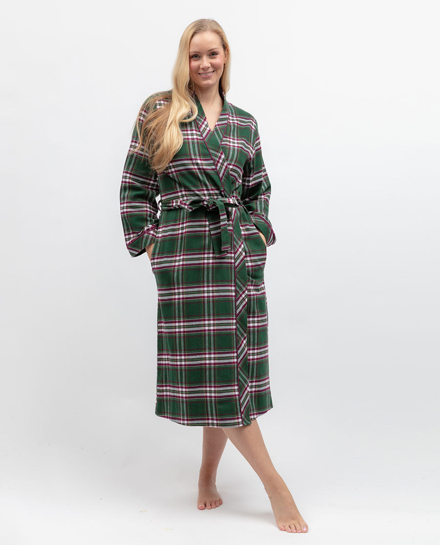 Womens Green Brushed Check Long Dressing Gown