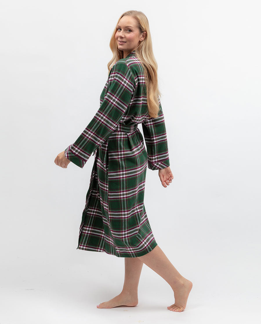Womens Green Brushed Check Long Dressing Gown