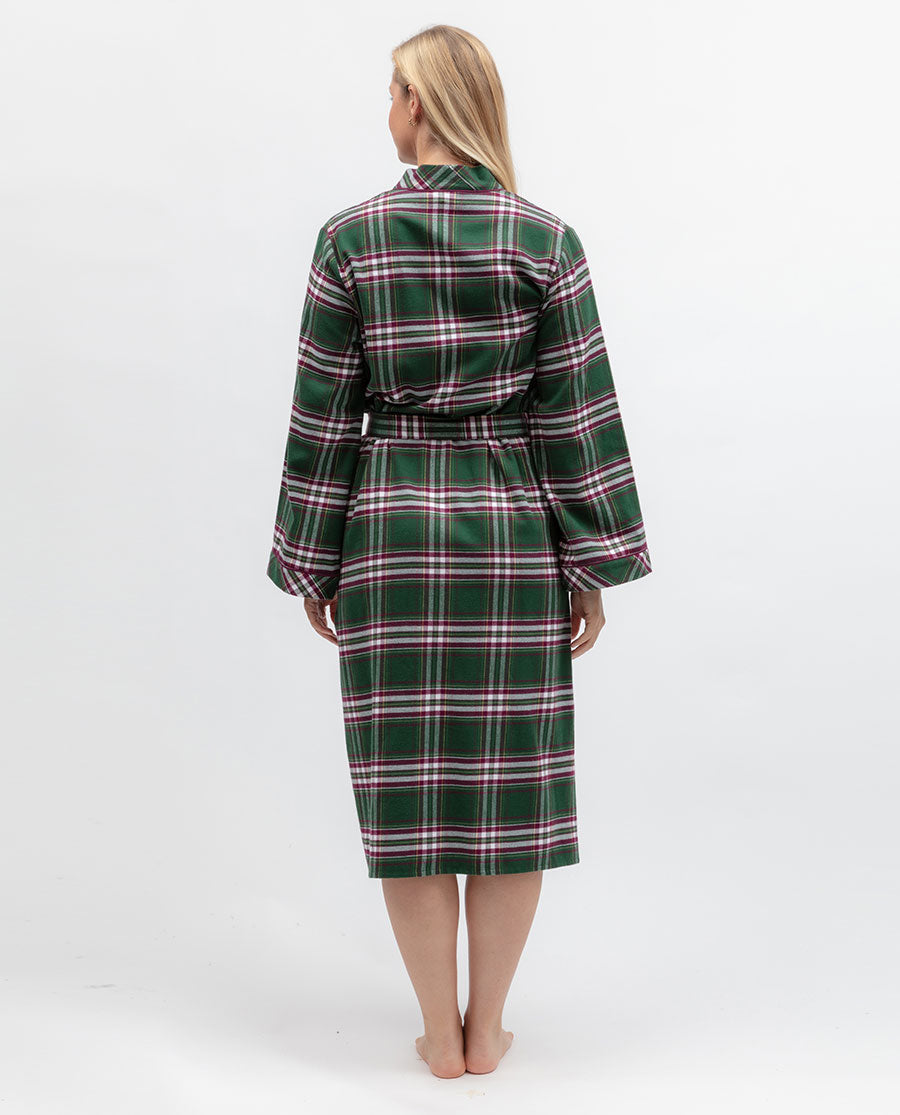 Womens Green Brushed Check Long Dressing Gown