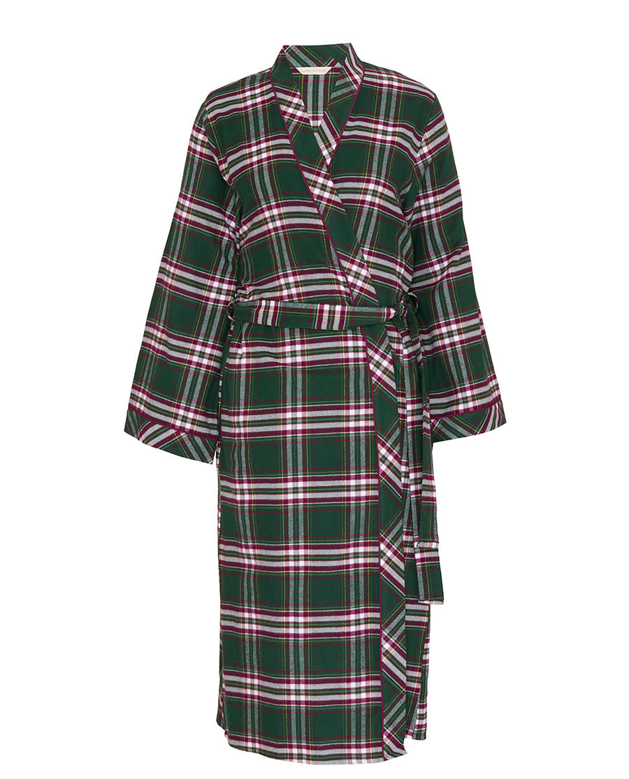 Womens Green Brushed Check Long Dressing Gown