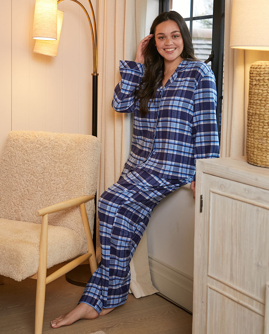 Womens Blue Brushed Check Pyjama Set