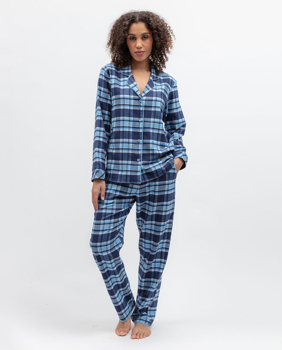 Womens Blue Brushed Check Pyjama Set