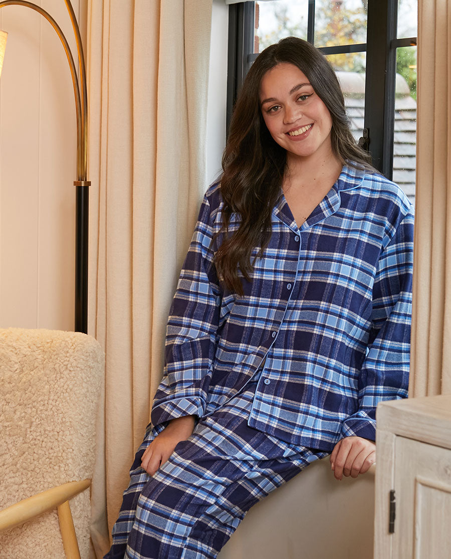 Womens Blue Brushed Check Pyjama Set