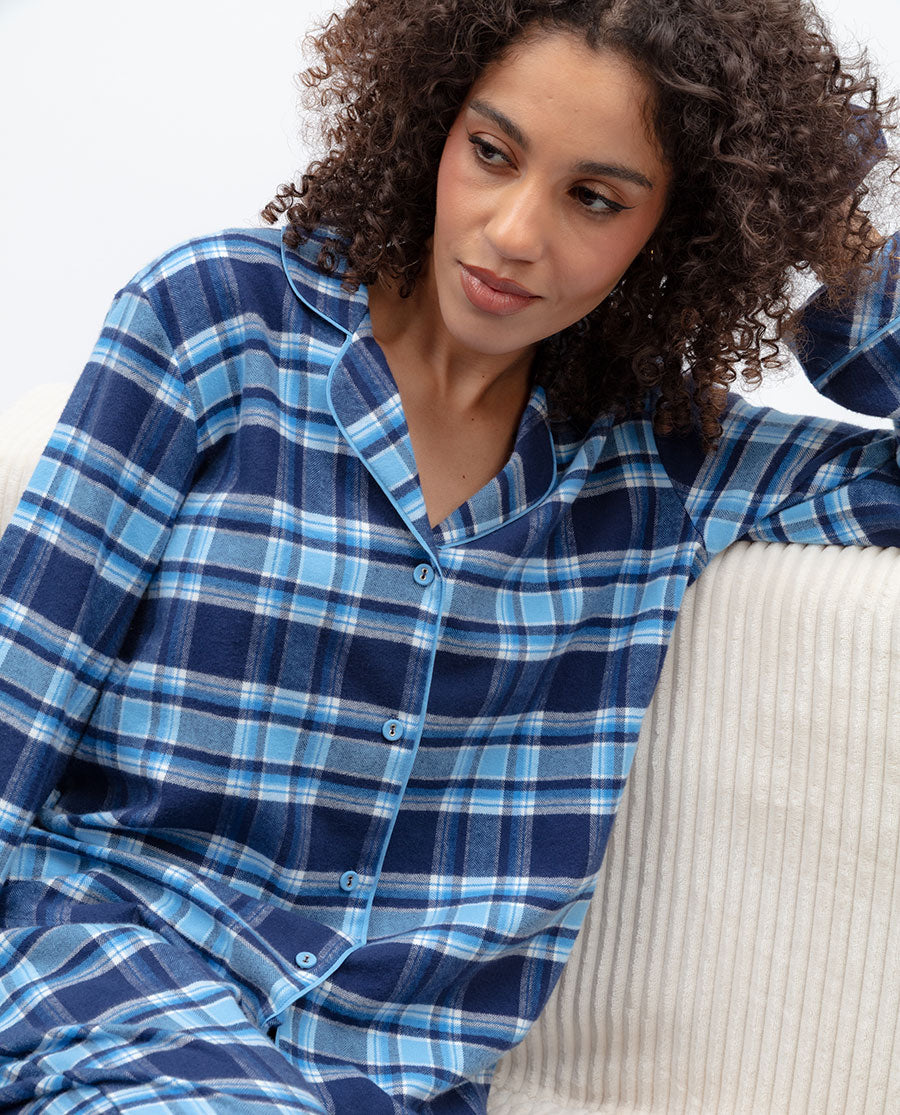 Womens Blue Brushed Check Pyjama Top