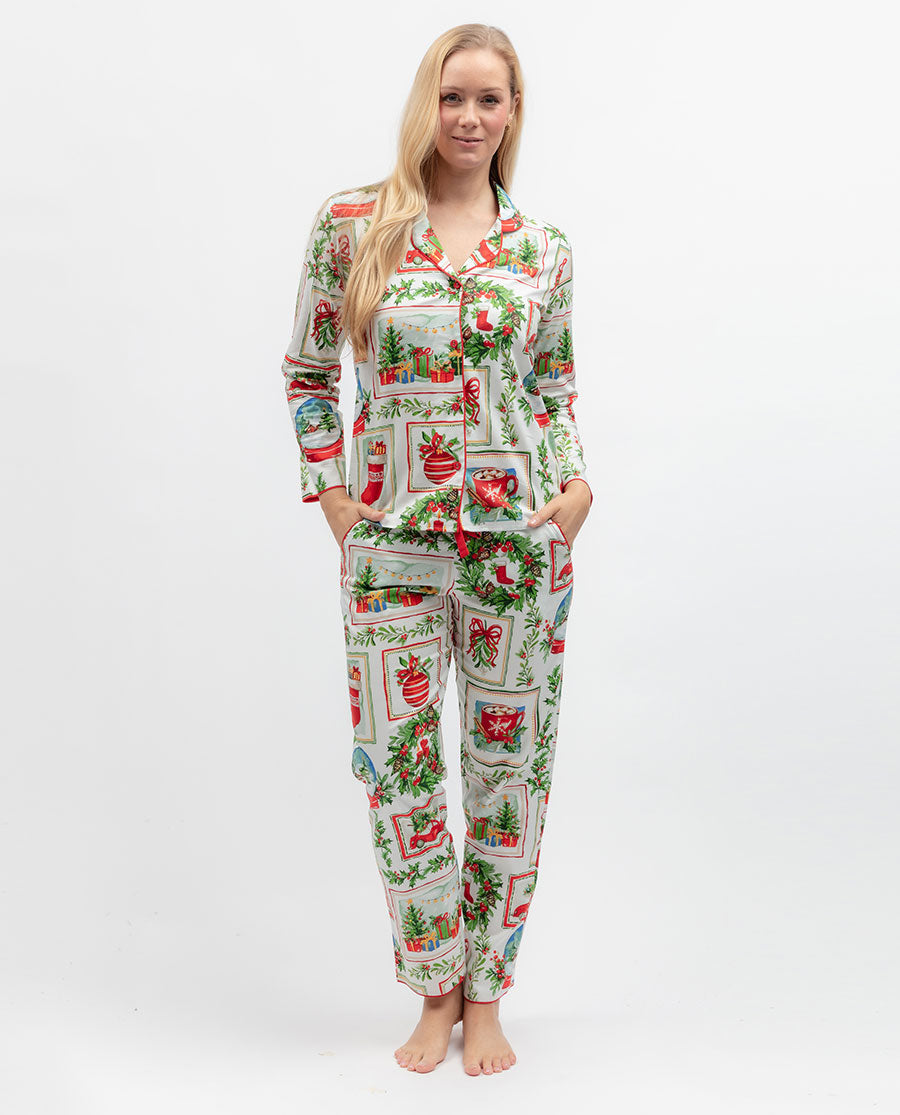 Womens Christmas Postcard Print Pyjama Set