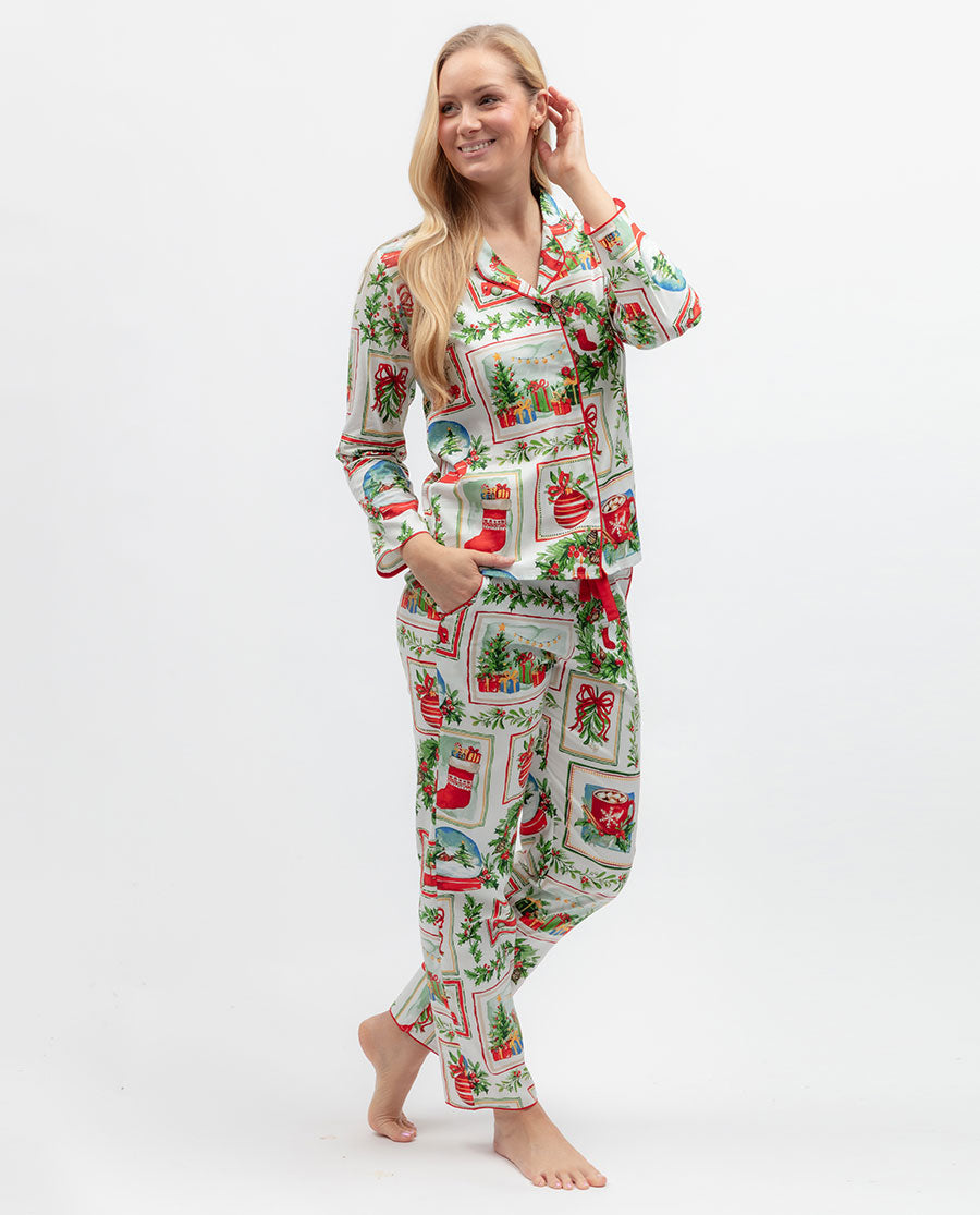 Womens Christmas Postcard Print Pyjama Set