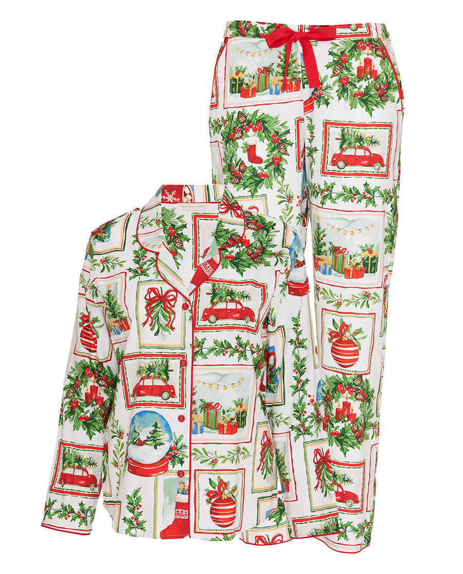 Womens Christmas Postcard Print Pyjama Set