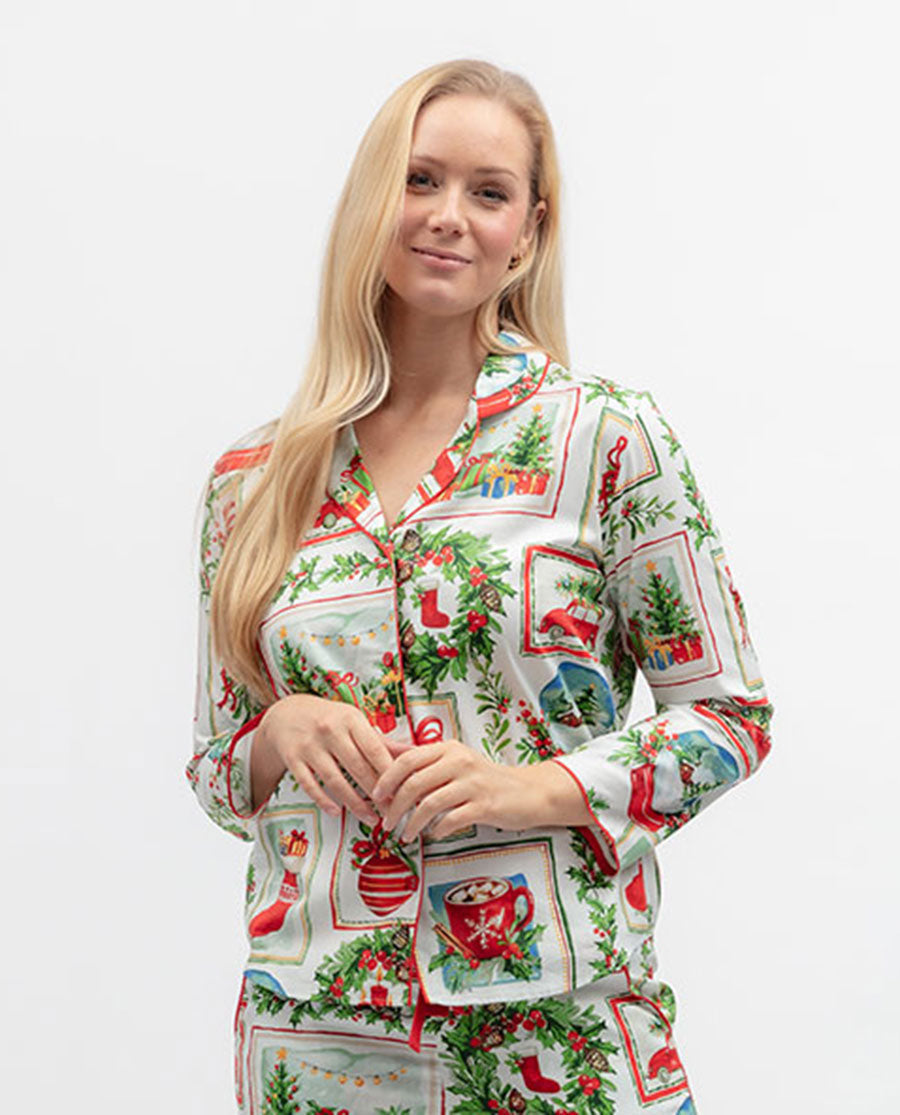 Womens Christmas Postcard Print Pyjama Top