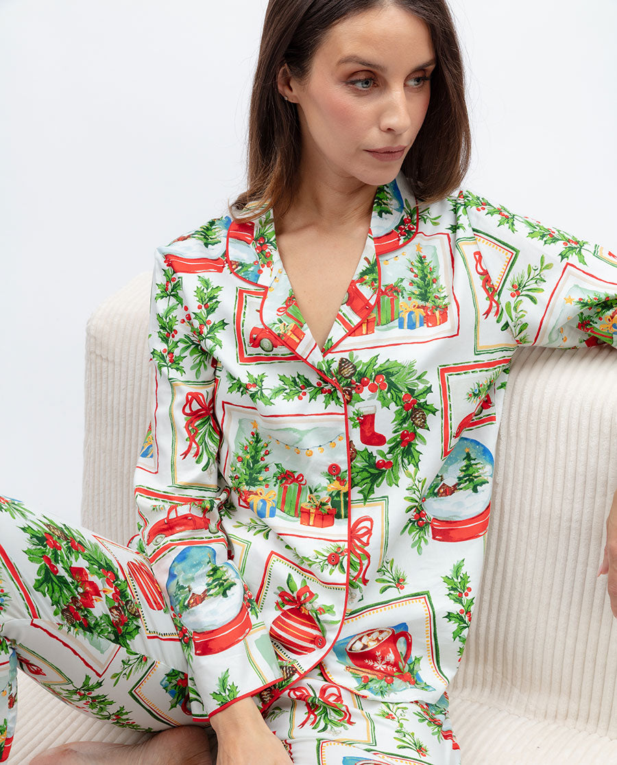 Womens Christmas Postcard Print Pyjama Top