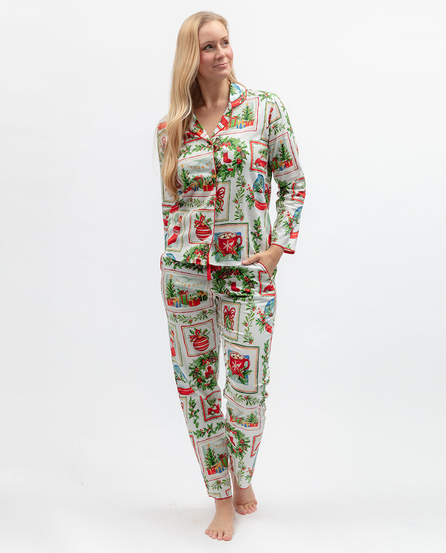Womens Christmas Postcard Print Pyjama Top