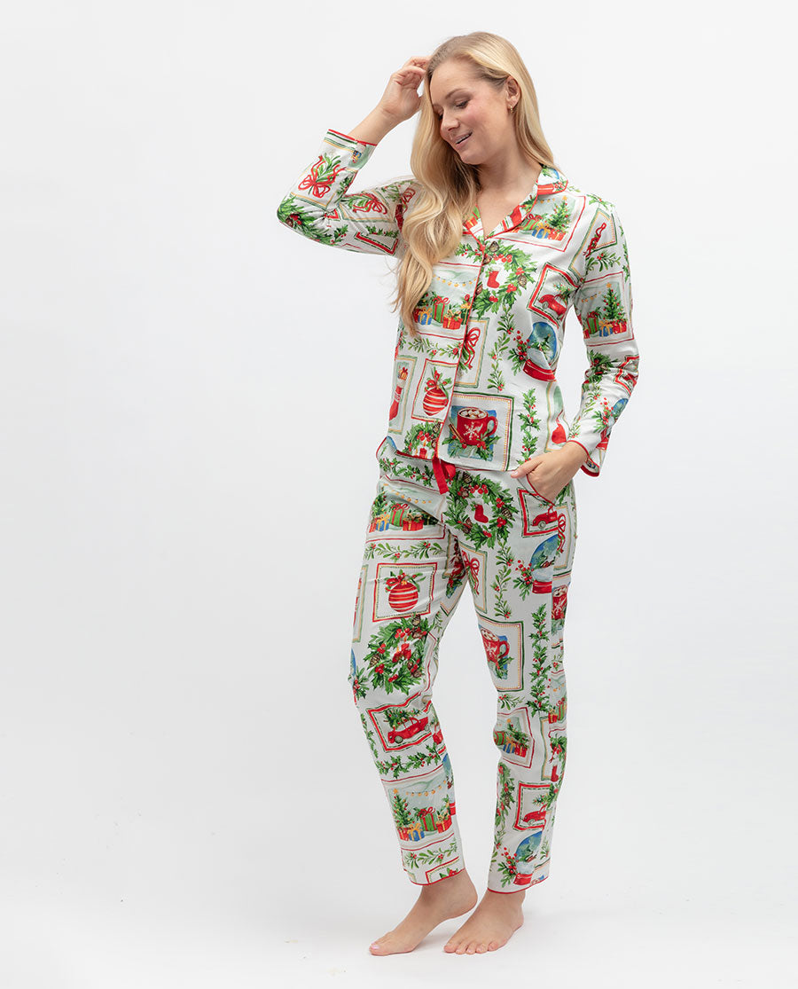 Womens Christmas Postcard Print Pyjama Top
